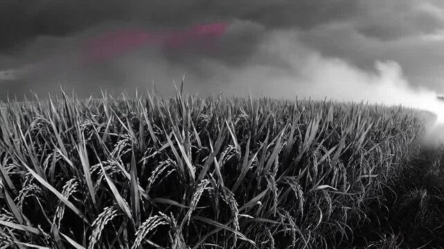 Dramatic monochrome landscape of a rice field with pink sky and ominous clouds, nature's power