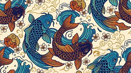 Fototapeta premium Vibrant Koi Fish Pattern: A Celebration of Nature and Japanese Culture in a Dynamic Illustration Filled with Life and Flowing Waves