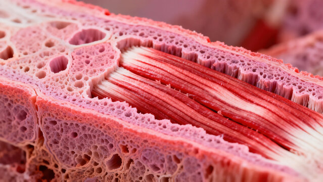 Human muscle cell structure, striated muscle fibers, red and pink color, longitudinal section