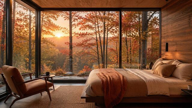 Scenic bedroom interior facing golden autumn forest at dawn