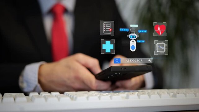 Patient consults AI doctor via chatbot agent, opening medical chat on smartphone for digital healthcare assistance