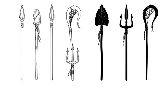 Assortment of ancient hunting tools including stone spears and fishing tridents in black and white vector art style isolated on white background for historical research and design
