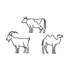 Obraz premium Farm Animals Line Art: Cow, Goat, Camel Vector Icons