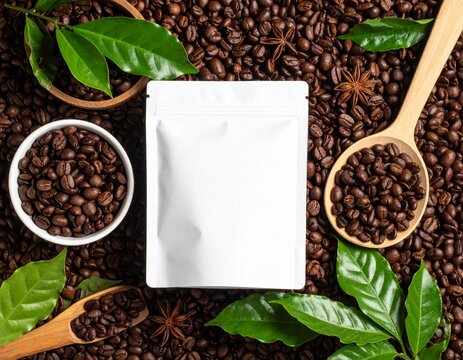Roasted coffee beans with coffee package mockup