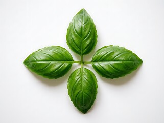 Fototapeta premium Four green basil leaves arranged in a cross shape on white surface fresh herbs