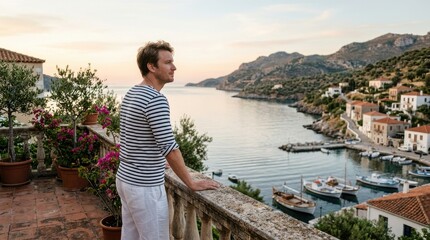Obraz premium Man Gazing at Greek Island Village Harbor
