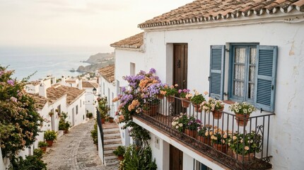 Fototapeta premium Picturesque European Village Balcony Flowers Sea View