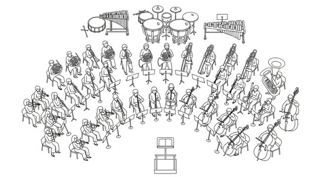 Orchestra performing classical music on stage with conductor.