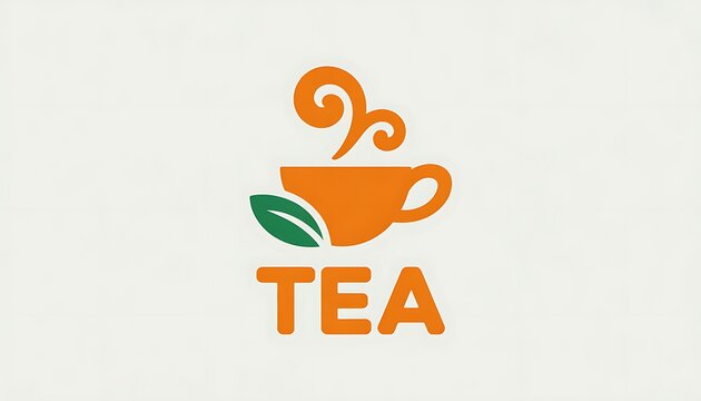 Orange tea cup with steam and leaf logo illustration