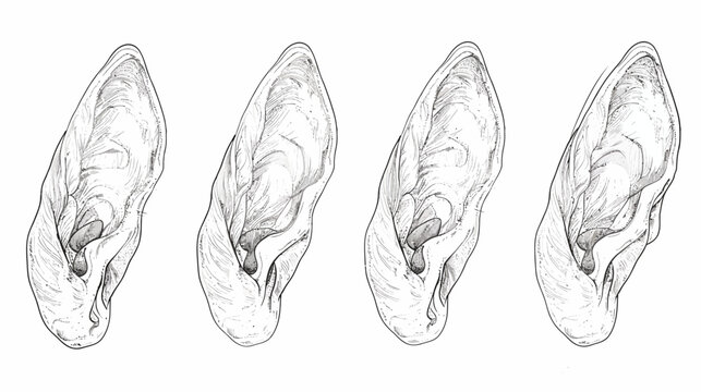 Artistic ink illustration of four animal ears in grayscale, showcasing detailed structures and textures