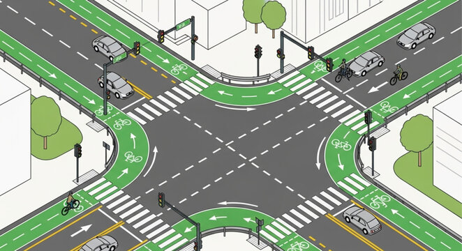 Urban intersection with dedicated bicycle lanes and pedestrian crossings.