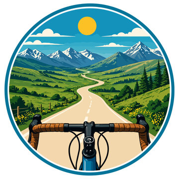 Vektorgrafik einer sommerlichen Berglandschaft mit Gravelbike-Perspektive als kreisf&ouml;rmige Illustration