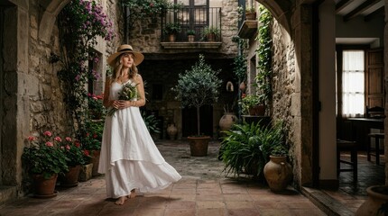 Obraz premium Woman in white dress holding flowers in courtyard