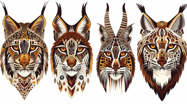 Four stylized feline portraits in warm tones, featuring intricate patterns and geometric designs