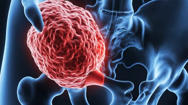 human skeleton with red tumor on the left hip bone