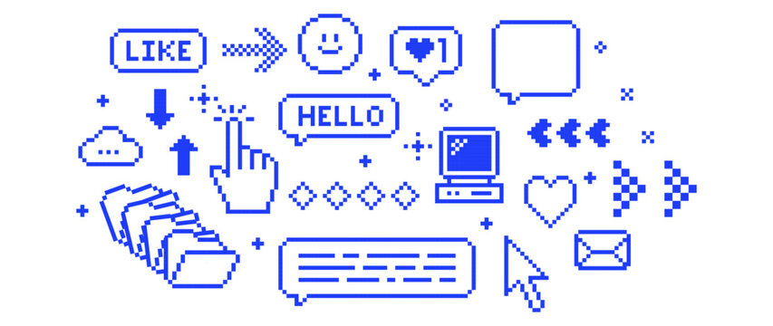 Minimal pixel UI icons background in retro 8bit style on clean light layout. Stack of file folders, PC, cursor, hand. Retro technology blue elements set for apps, dashboards, modern digital interfaces