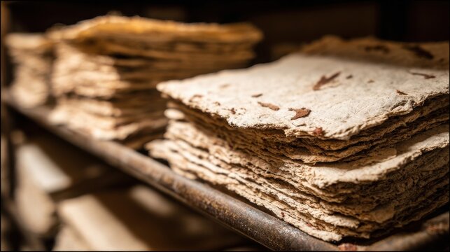 Stacks of Thick Recycled Paper Sheets with Visible Fibers and Organic Inclusions Displaying a Natural, Textured Appearance
