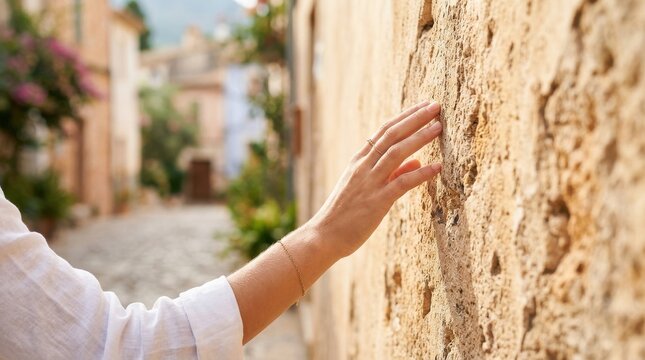 Woman hand touching old stone wall outdoor