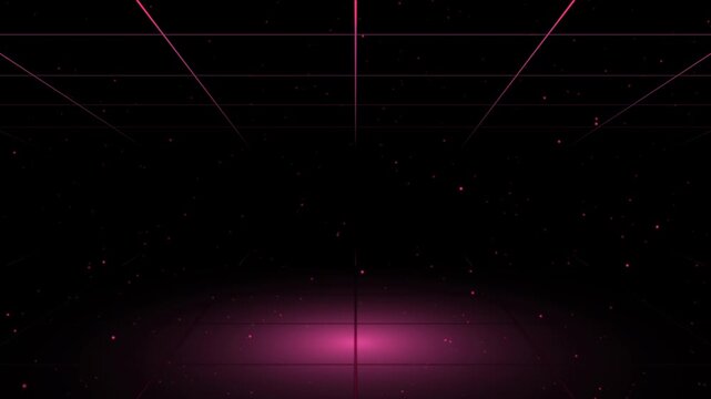 Glowing pink neon 10 second countdown with grid and particles on black background