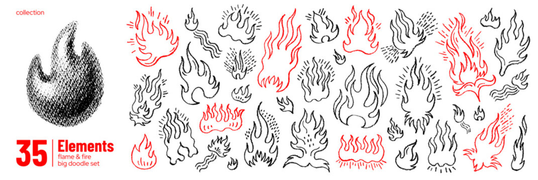 Fire flame icon. Doodle fire vector illustration. Hand drawn grunge flame. Brush marker pencil chalk crayon line set. 3d Halftone hot shape logo. Fire grafitti pattern graphic. Grill vintage sketch bg
