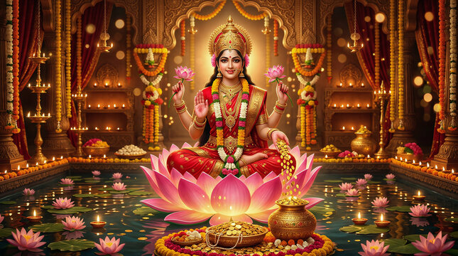 Goddess Lakshmi, Beautiful Lakshmi holding lotus flowers, golden coins falling, glowing diyas, rich reds and golds, festive divine lighting