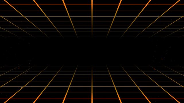 Futuristic orange neon grid perspective with glowing particles on black background for sci-fi intro, loop and motion graphics, 4K Video