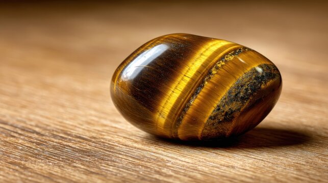 Polished Tiger's Eye Gemstone with Characteristic Fibrous Bands on a Wooden Surface