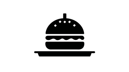 Fototapeta premium A black and white graphic illustration of a burger on a plate with bun, patty, and toppings