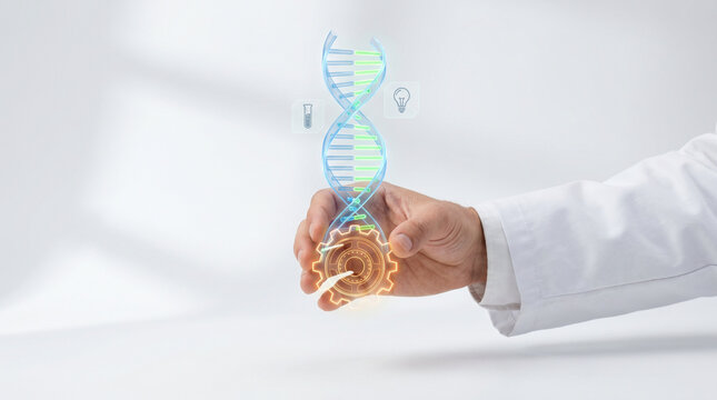 Hand holding a glowing DNA helix merging into a gear icon, representing innovation, research, development, and science technology.