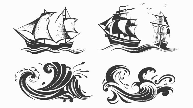 Monochrome nautical themed image with ships sailing on waves, birds in the sky