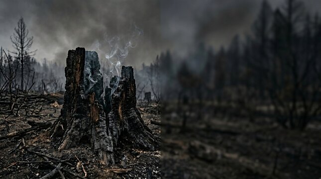 Aftermath of Wildfire Burnt Forest Tree Stump Smoke Devastation.