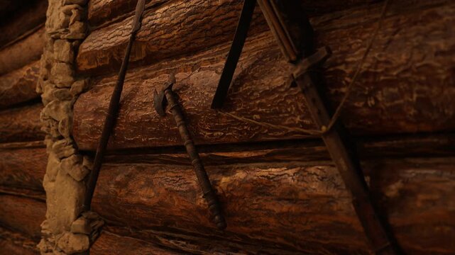 Closeup of traditional workshop tools hanging on weathered timber