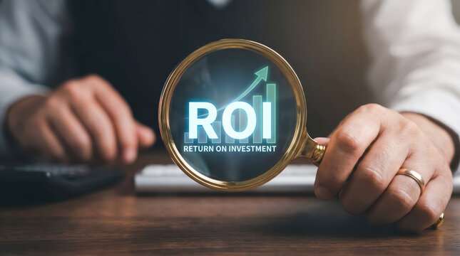 Closeup of a businessman holding a magnifying glass over a digital graphic showing roi return on investment