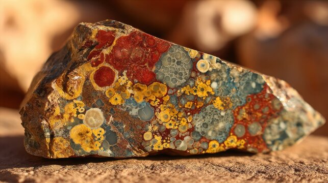 Intricate Polychrome Jasper Slice Showcasing Unique Natural Orbicular Patterns and Vibrant Earthy Colors
