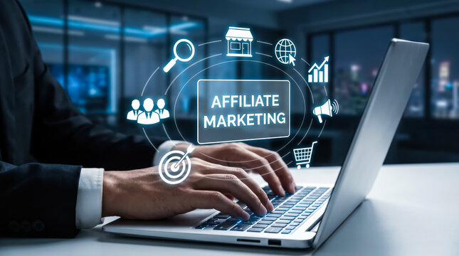 Affiliate marketing concept with business person using laptop and digital marketing icons in office environment