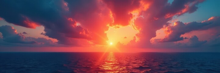 Fototapeta premium Crimson and gold cloudscape ablaze, reflecting on the deep blue ocean , horizon, water, evening sky