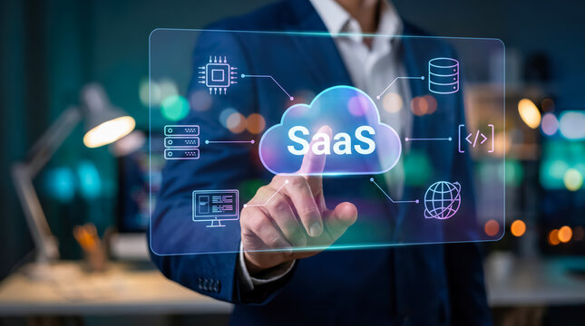 Businessman touching a digital cloud interface with saas text and technology icons representing cloud computing services