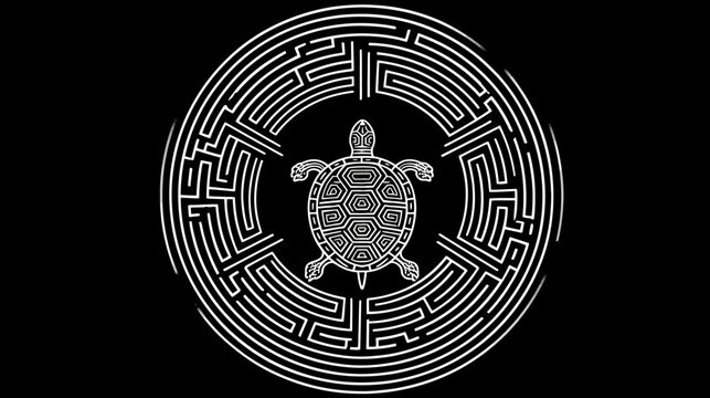 A white line drawing of a maze surrounding a turtle on a solid black background