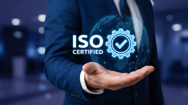 Businessman holding a digital holographic iso certified icon, representing international standards for quality management and business excellence