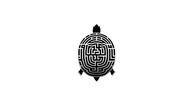 Black and white image of a tortoise with a maze design on its shell, set against a white background