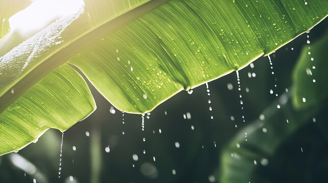 precipitation. Heavy raindrops hitting banana leaves during storm, water splashing with dramatic lighting. ESG reports.