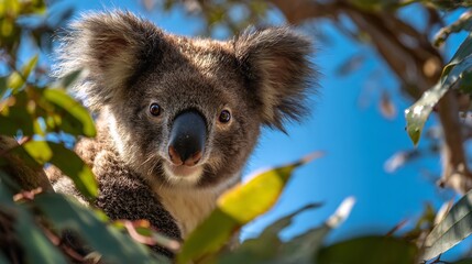 Obraz premium Curious Koala Peeking through Leaves / 葉の間から覗く好奇心旺盛なコアラ