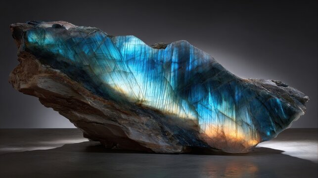 Polished slab of iridescent labradorite gemstone showcasing intense blue and yellow flashes of light