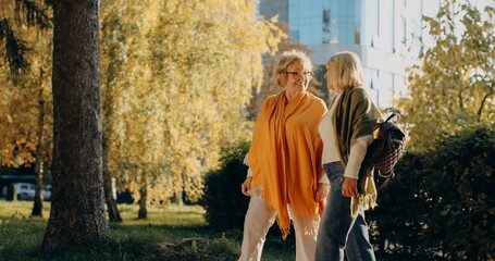 Obraz premium Senior friends walking talking enjoying autumn sunny day