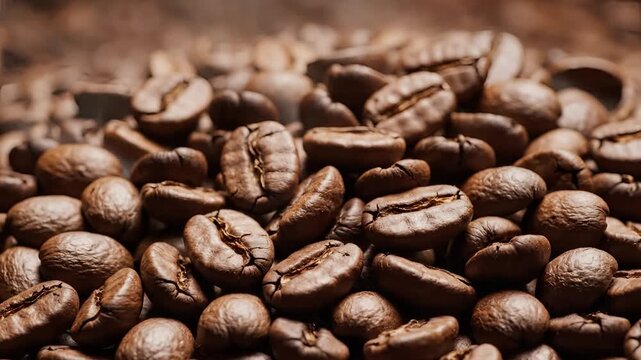 Closeup Macro Shot of Roasted Coffee Beans with Steam Rising.