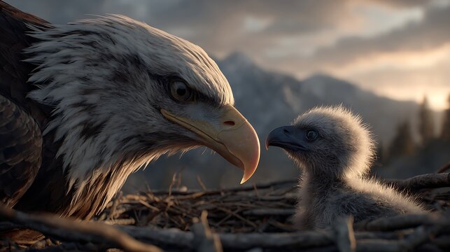 Close-up of a Majestic Eagle and Eaglet / 雄大なワシと雛のクローズアップ