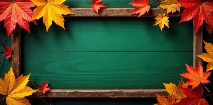 Antique green wood sign; rustic fall leaves, log frame, harvest, signboard, vintage