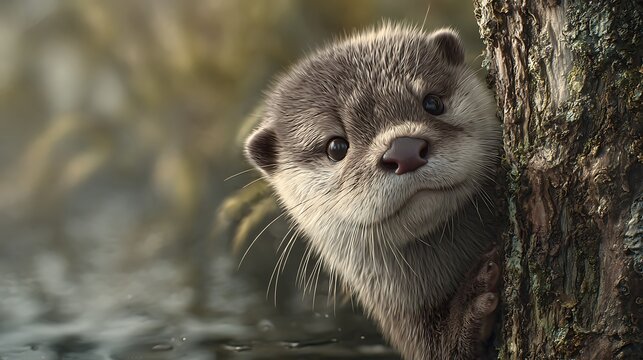 Otter Gazing from Behind a Tree / 木の後ろから見つめるカワウソ