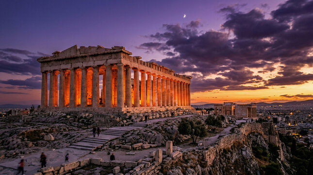 Parthenon, Dramatic cinematic sunset shot of the Parthenon on the Acropolis in Athens. The ancient marble columns glowing with a warm orange hue against a deep purple twilight sky.