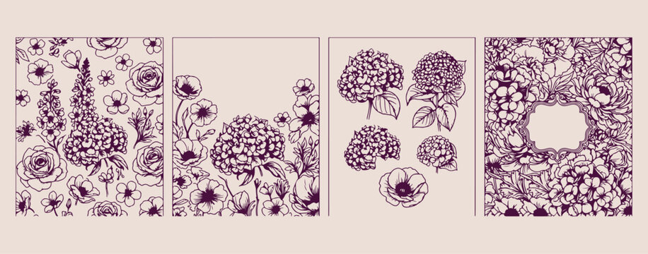 Hydrangea flowers and spring floral bouquet, blooming garden and botanical illustration, wedding invitation and greeting card doodle, romantic nature and petal collection, hand drawn floristry vector 